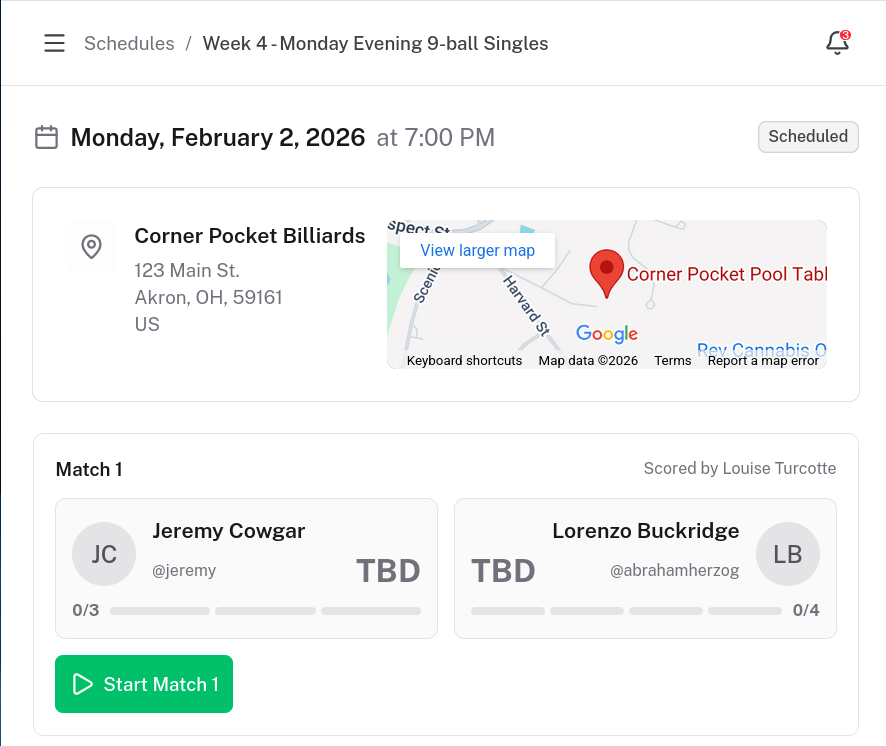 Schedule page showing a match ready to score