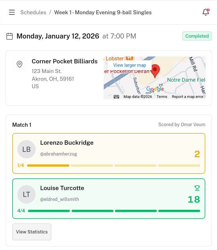 Schedule page showing completed match with final score