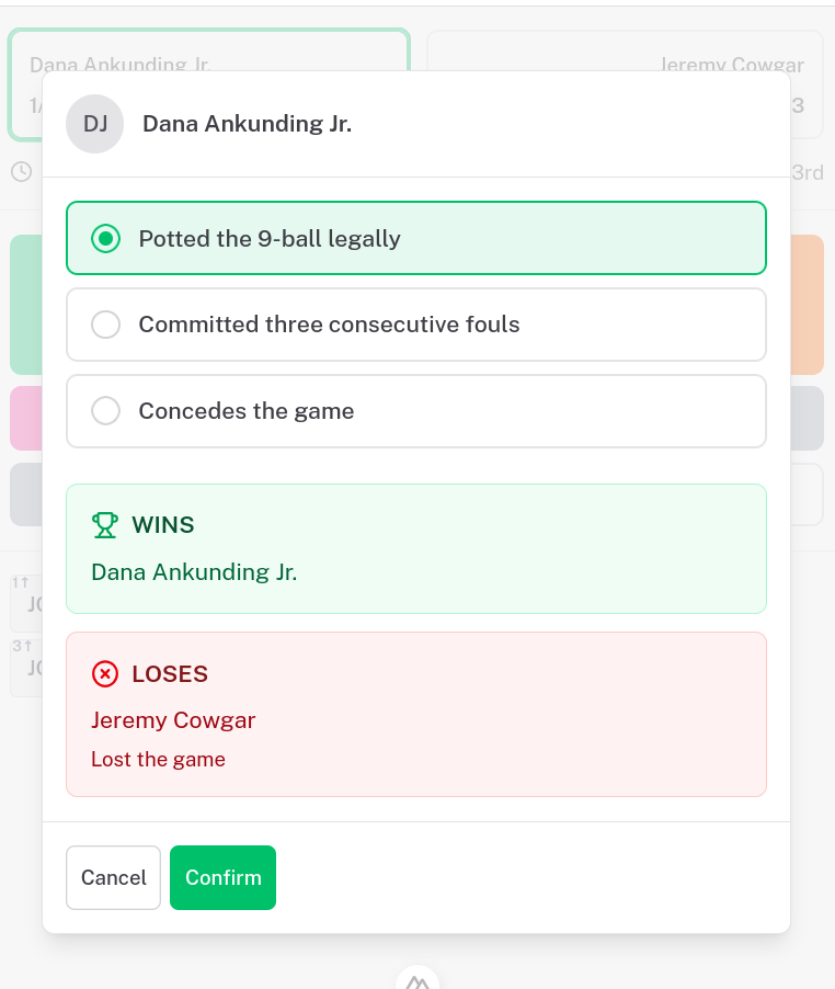 Game ending dialog showing outcome selection and winner/loser preview