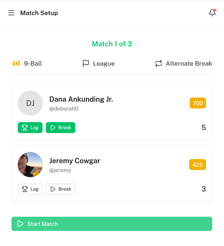 Match setup showing two player cards with skill levels