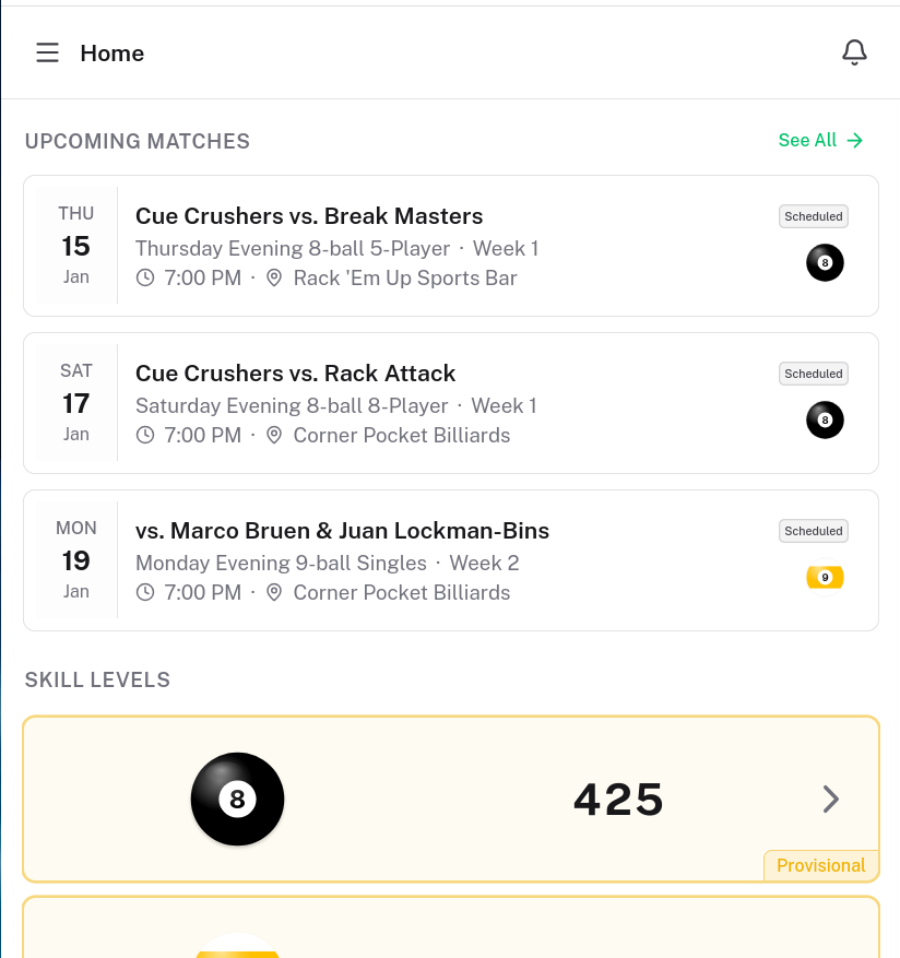 Dashboard showing Upcoming Matches section with See All link