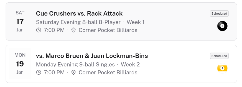 Schedule card details showing division, week, time, venue, and pool ball icon