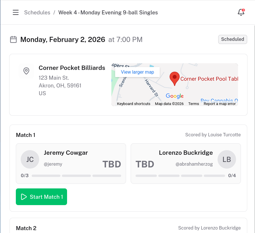Schedule detail page showing venue, participants, and match actions