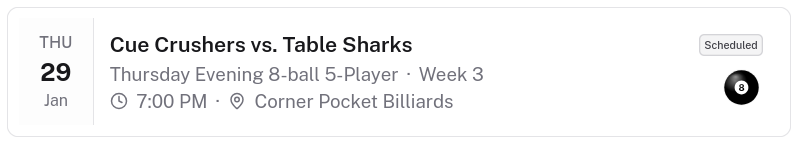 Schedule card with date block highlighted showing Mon 15 Jan format